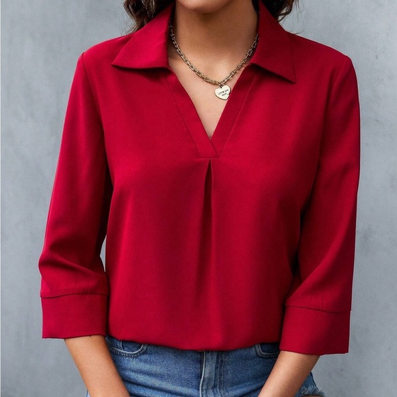V neck fold over collar pleated 3/4 sleeve blouse red - Picture 1 of 3